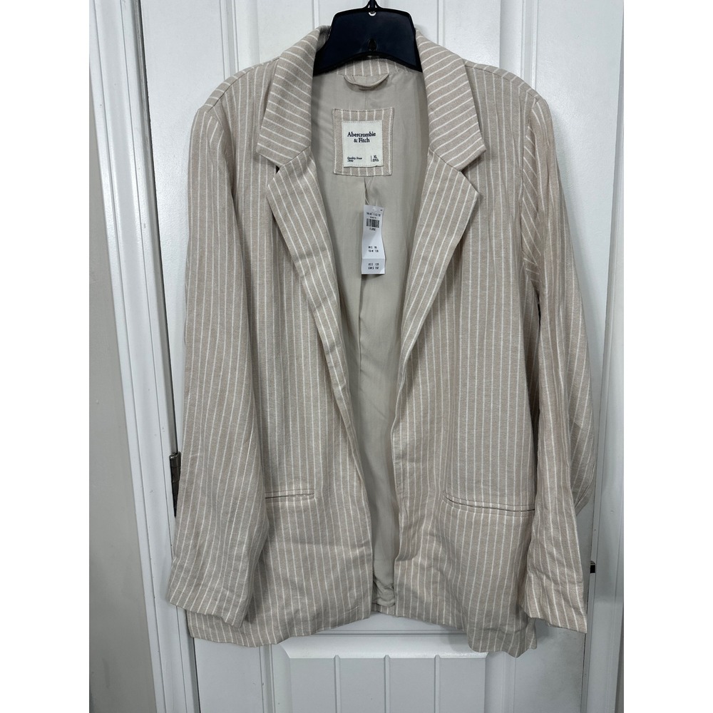 Abercrombie & Fitch Womens XL Tan White Striped Linen Blend Open Front BlazerNWT